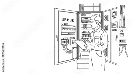 Industrial technician conducting electrical panel inspection in linear style