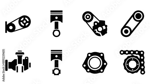 Automotive engine parts icons set in black silhouette style