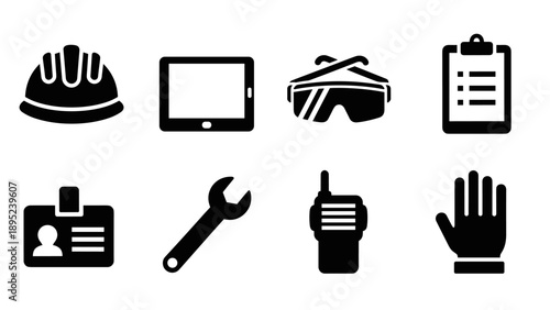 Essential safety and work icon set in bold silhouette design