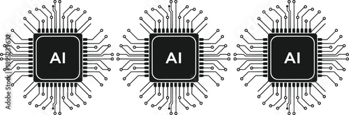 Artificial intelligence AI microchip vector illustration, computer processor circuit board, digital technology hardware, electronic semiconductor component, neural network technology, flat.