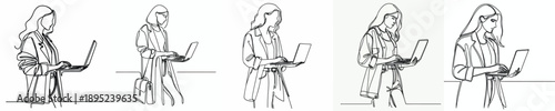 line art half body of a woman standing while typing on a laptop
