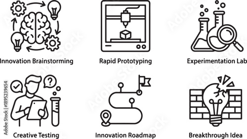 A collection of six line art icons representing innovation, prototyping, and creative testing Vector