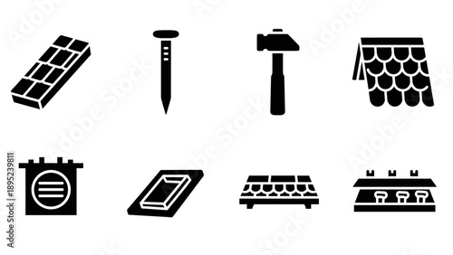 Silhouette construction tools and materials icon set for building and roofing projects