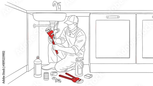Linear style plumber repairing kitchen sink with tools and supplies
