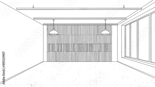 Modern interior room with pendant lights and large windows in linear style