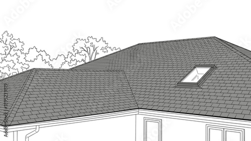 Architectural roof design with skylight and tree background in black and white outline