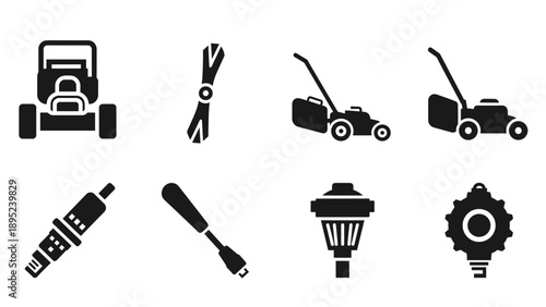 Lawn equipment and tools silhouette icons set for garden maintenance