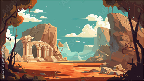 Ancient Ruins And Exploration Cartoon Landscape With Stone Archway Cliffs And Desert Terrain For Travel Adventure And Historical Discovery