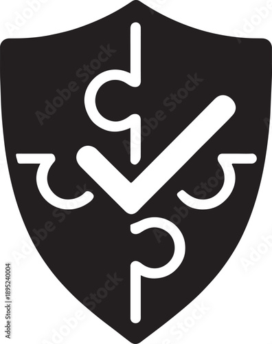 Shield icon with checkmark of interlocking puzzle pieces symbolizing corporate compliance silhouette