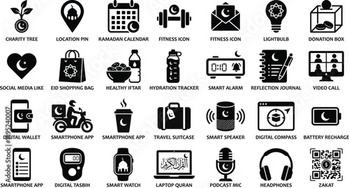 Modern Islamic app icons featuring QR code zakat hydration tracker and virtual video call pictograms for Ramadan technology