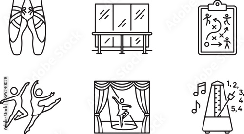 A set of linear icons representing various elements of dance and performance arts Vector