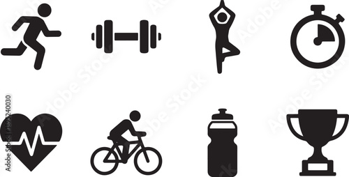 A collection of eight black silhouette icons representing health, fitness, and sports activities Vector