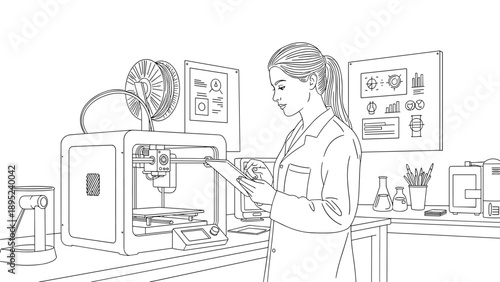 Woman scientist with tablet monitoring 3d printer in a laboratory setting