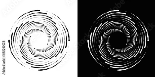 Modern abstract background. Halftone dots in circle form. Spiral logo, icon or design element. Black dots on a white background and white dots on the black side.