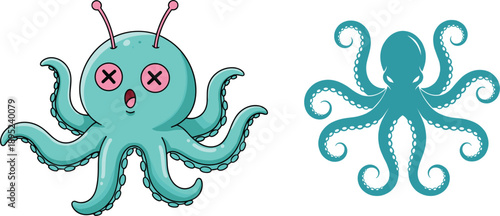 Cute cartoon octopus character and stylized silhouette vector illustrations with playful tentacles marine sea creature designs