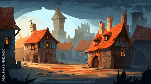 Fantasy Village Illustration Storybook Setting With Quaint Houses And Rolling Hills For Children'S Book Illustration And Game Design