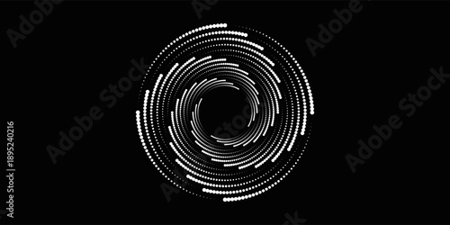 Modern abstract background. Halftone dots in circle form. Spiral logo, icon or design element. Black dots on a white background and white dots on the black side.
