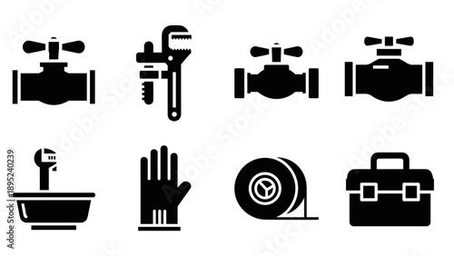Silhouette plumbing tools and equipment icons on white background