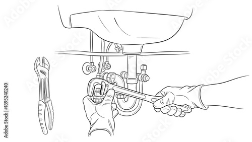 Handyman fixing sink with tools: black and white linear illustration of plumbing repair