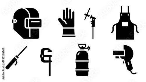 Essential welding equipment icons: helmet, gloves, torch, apron, and tools