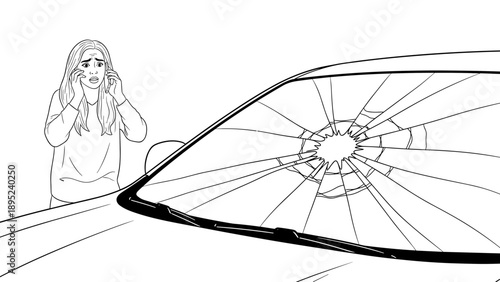 Shocked woman reacting to shattered car windshield in linear art style