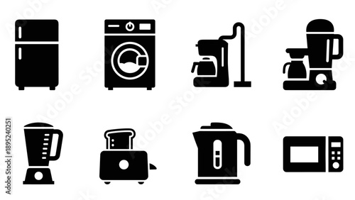 Essential modern kitchen appliances silhouette icons set