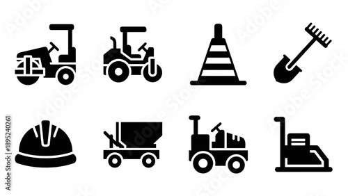 Construction equipment icon set featuring silhouetted industrial tools