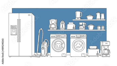 Modern kitchen and laundry appliances in minimalist linear art style