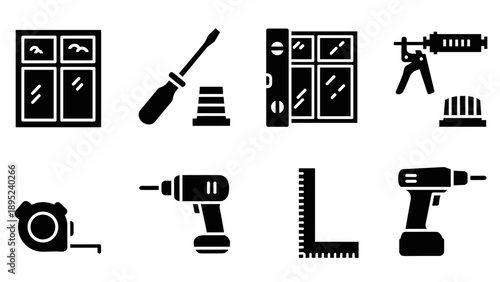 Construction tools silhouette set featuring drill, screwdriver, window, and more