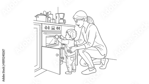 Mother and child in kitchen: cooking lessons with safety first in modern line art