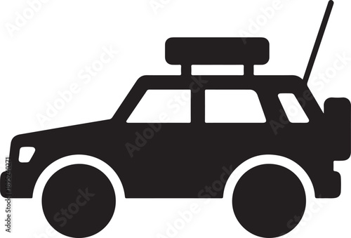 Rugged vehicle icon with roof storage and antenna for survival transport silhouette