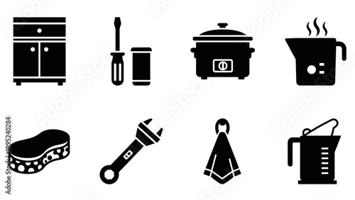 Minimalist kitchen tools and appliances icons set in black silhouette style