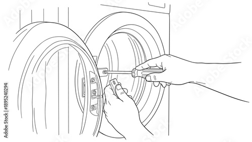 Diagram of hands repairing front load washing machine with screwdriver