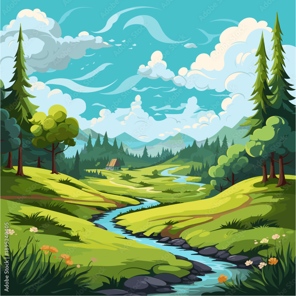 Fototapeta premium A winding blue river flows through lush green rolling hills and forests of pine and deciduous trees. In the distance, a small cottage sits nestled among the hills under mountains