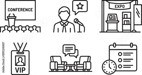 A collection of icons representing business conferences, expos, networking events, and scheduling Vector