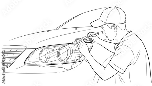 Automotive headlight repair sketch featuring mechanic with hat for diy maintenance guide