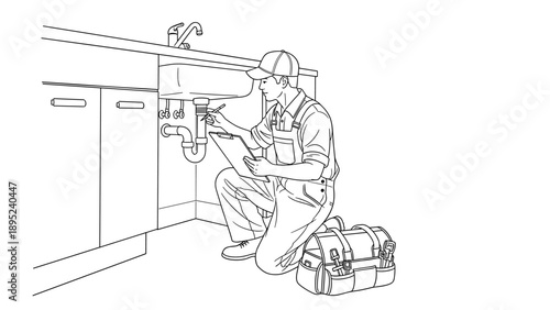 Plumber inspecting sink pipes with toolkit in outline style