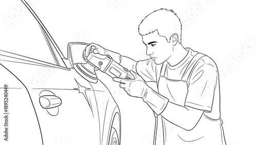 Young mechanic buffing car surface with polisher in workshop
