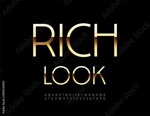 Vector Fashion icon Rich Look. Trendy Slim Gold Font. Stylish Classy Alphabet Letters and Numbers.