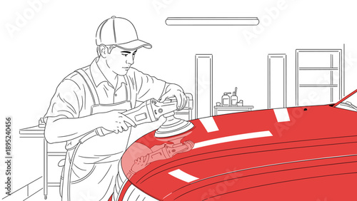 Car polishing mechanic buffing vehicle in workshop line art illustration