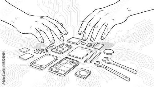 Hands assembling electronic devices with circuit background