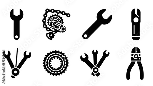 Black bicycle repair tools collection in bold silhouette style