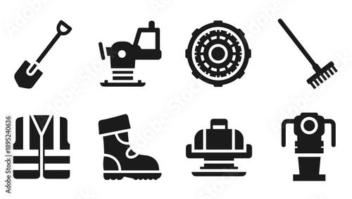 Construction icons collection featuring tools and equipment in silhouette style