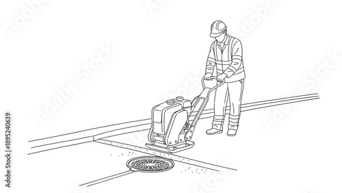 Construction worker compacting asphalt with machine in urban street scene