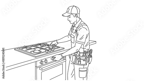 Technician repairing modern kitchen stove with precision: detailed outline style