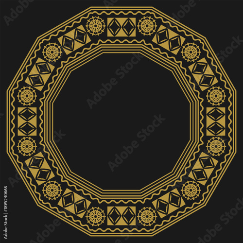 Round frame with vintage gold ornament on a black background. Vector illustration