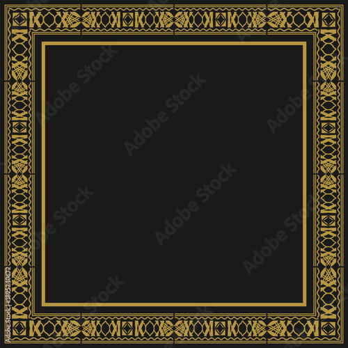 Square frame with vintage gold ornament on a black background. Vector illustration