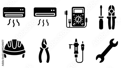 Silhouette icons of hvac and electrical maintenance tools