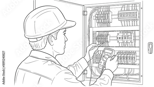 Electrician using multimeter for electrical panel inspection in linear illustration style