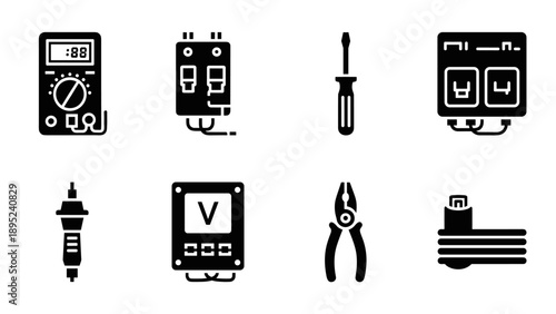 Set of black electrical tools and components icons